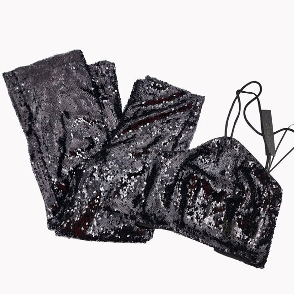 House Of Harlow 1960  2 pc Sequin Halter Top cropped Pants Set XS Black NEW - Picture 1 of 14